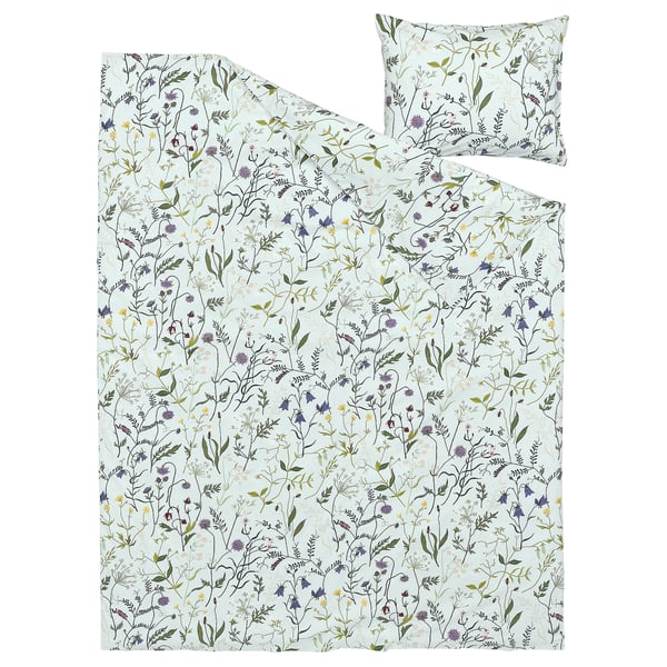 Hellblaues MATTOXBÄR-Bettdeckenset mit Blumenmuster, 100 % Baumwolle. Beinhaltet Bettdecke und Kissenbezug.