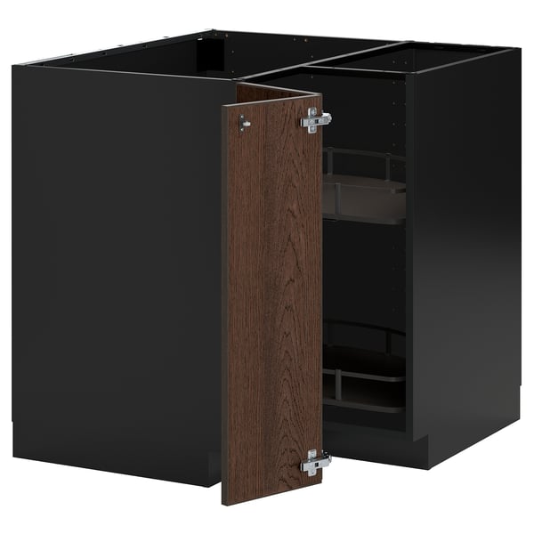 Modernes Küchenschrank-Set: schwarzes METOD mit dunklen Holztüren, robusten, verstellbaren Regalen.