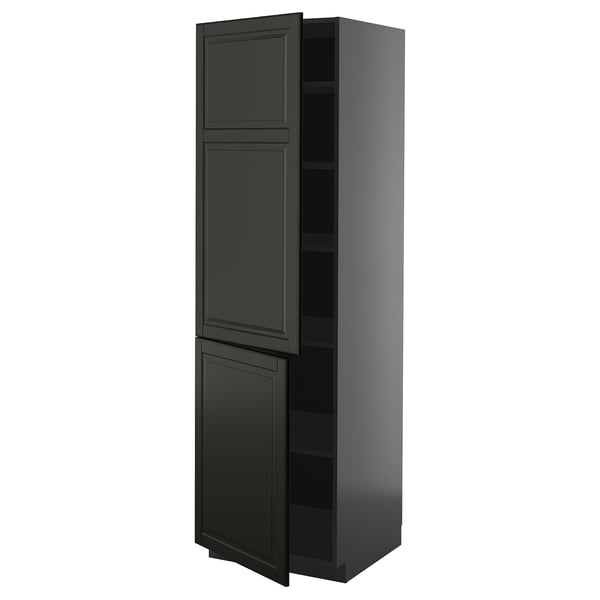 Schwarzer METOD Küchenschrank mit Bodbyn-Fronten, rechteckig, hoch mit drei Regalen, dunkle Ausführung, modernes Design.
