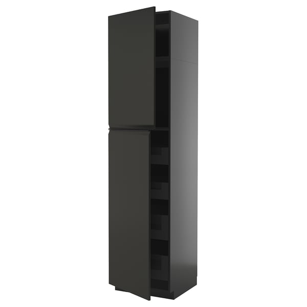 Zeigt einen schwarzen METOD-Küchenschrank in modernem Design, mit integrierten Griffen und einer schlanken, hochglänzenden Oberfläche.