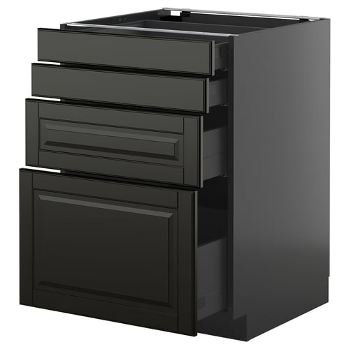 Schwarze METOD-Küchenzeile mit abgeschrägten Schubladen, schlankes, modernes Design.