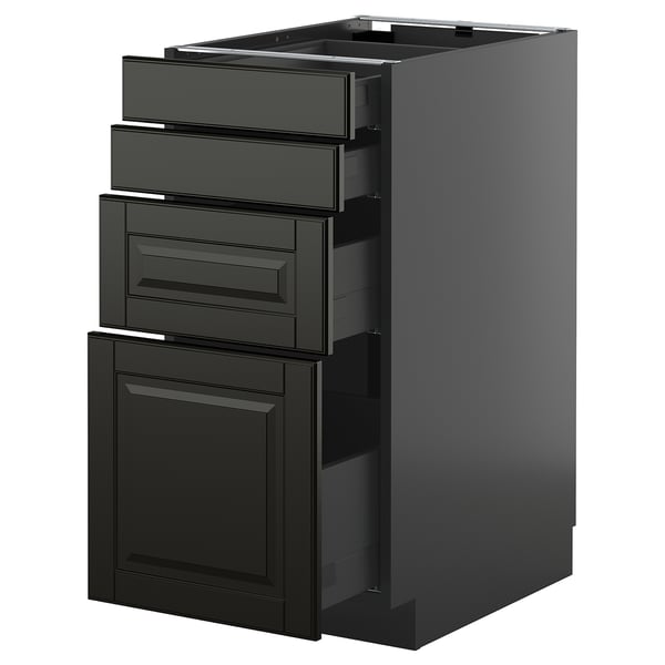 Moderne schwarze Küchenzeile mit schlankem Design mit 3 Schubladen und 2 Schränken, Teil des METOD-Systems.