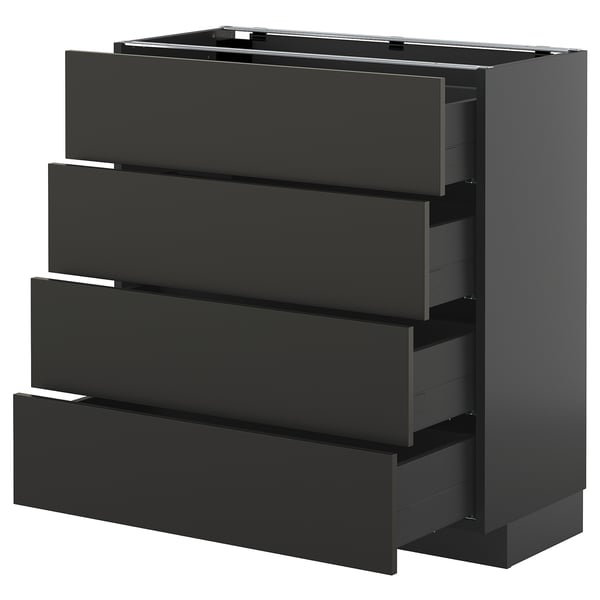 Schwarzer Küchenschrank mit vier offenen Schubladen. Modernes, schlankes Design. Dunkles Finish. Teil des METOD-Küchensystems.