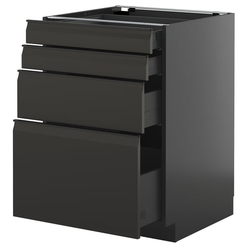 Schwarzer moderner Küchenschrank mit mehreren Schubladen, schlankes Design.