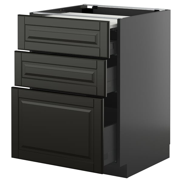 Schwarze moderne Küchenzeile, schlankes Design mit mehreren Schubladen und einem Schrank, Teil des METOD-Systems.