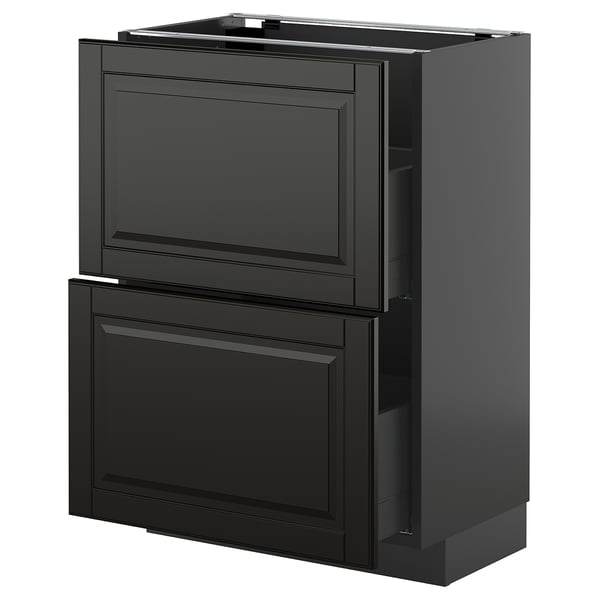 Moderne schwarze Küchenzeile mit glatten Schubladen und Schrank.