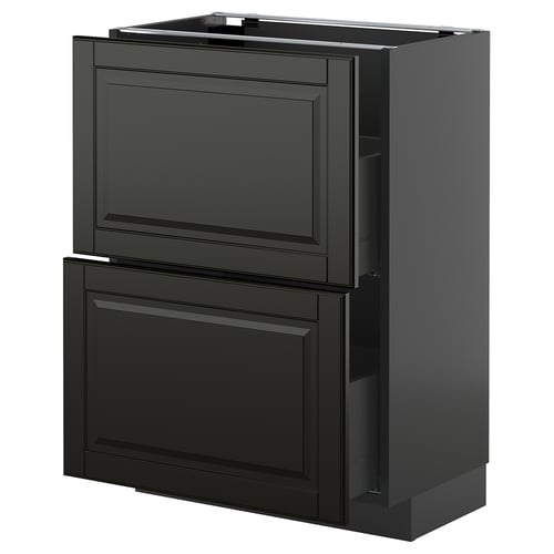 Moderne schwarze Küchenzeile mit glatten Schubladen und Schrank.