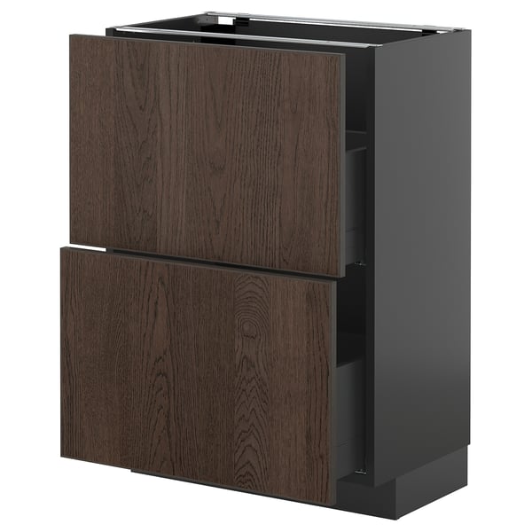 Moderne Küchenzeile mit dunkelbraunen Holzschubladen, schwarzem Rahmen. Robustes, schlankes Design.