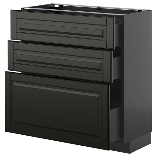 Moderne schwarze Küchenzeile, drei Schubladen und Schrank mit abgewinkelten Kanten, schlankes und zeitgemäßes Design.