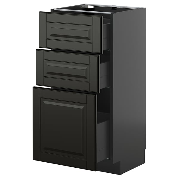 Moderner schwarzer Küchenschrank mit drei Schubladen und einer Tür, schlankes Design, glänzende Oberfläche.