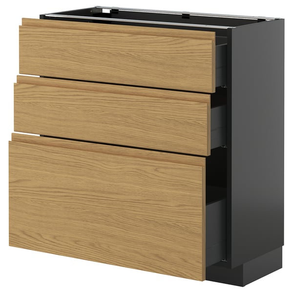 Küchenschrank aus Holz mit drei Schubladen und schwarzen Seiten, schlankes Design.