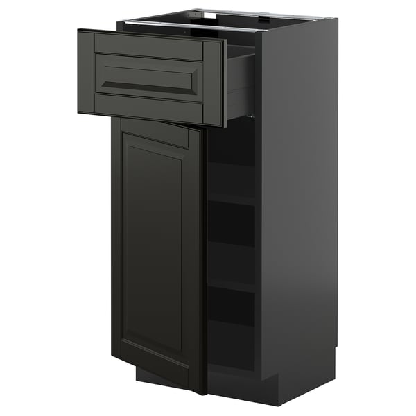 METOD Küchenzeile in schwarz mit Schublade und aufklappbaren Einlegeböden. Modernes Design, glänzende Oberfläche.
