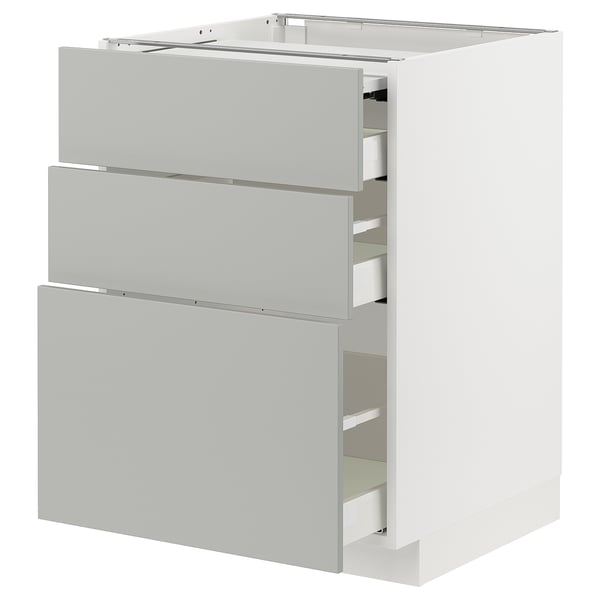 Moderner weißer METOD-Küchenschrank mit hellgrauen Schubladen; Schlankes, minimalistisches Design.