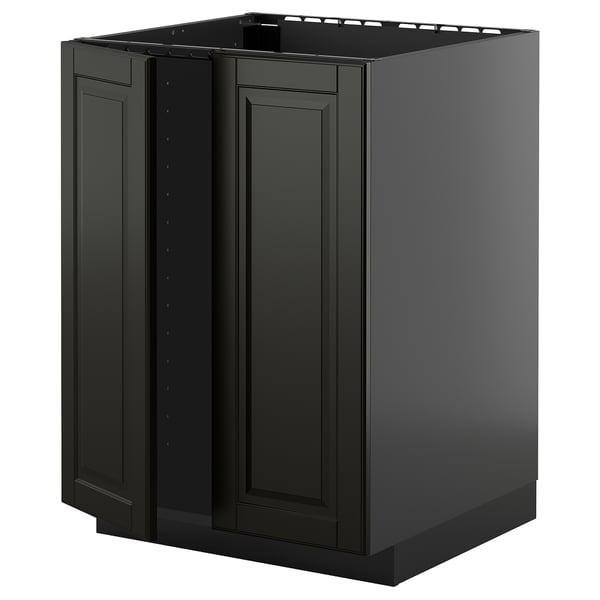 Schwarzer METOD Küchenschrank, rechteckig, modernes Design mit abgeschrägten Kanten.
