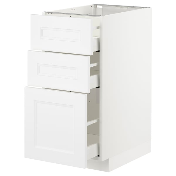 Weißer METOD-Küchenschrank, drei Schubladen, modernes Design, robuste weiße Konstruktion.