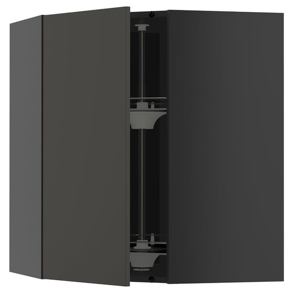 Ein dunkelgrauer METOD Kücheneckschrank mit geschwungenem Design und verstellbarem Glasboden.