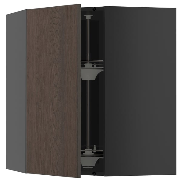 Moderner Wandschrank mit dunkelbrauner Holzoberfläche, Metallscharnieren und verstellbarem Innenregal.