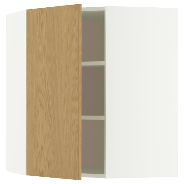METOD Eckschrank mit verstellbaren Regalen, Furnier in Weiß- und Eichenoptik, rechteckiges, minimalistisches Design.