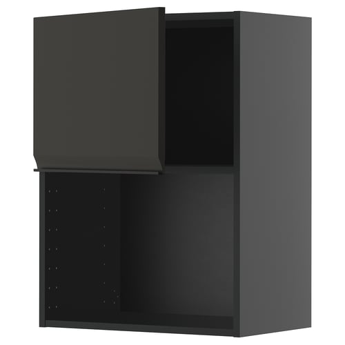Dunkelgrauer Wand-Küchenschrank mit offener Tür. Modernes Design, robuste Konstruktion.