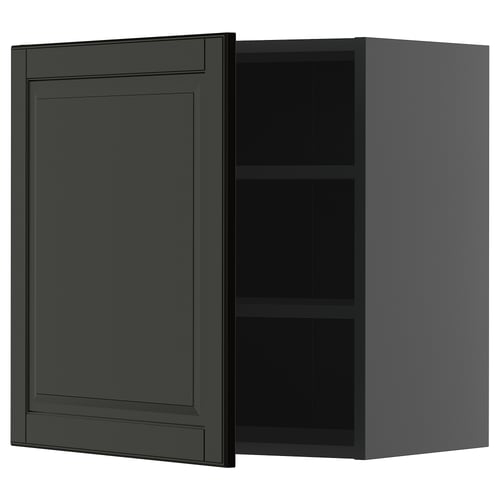 Dunkelgrauer Küchenschrank mit einer offenen Tür, die verstellbare Regale freigibt.