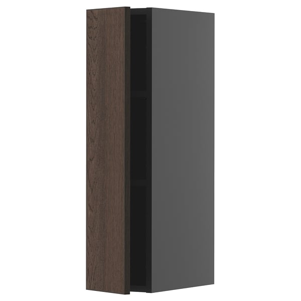 Moderner Hochschrank, dunkelbraun und grau, Holzstruktur, schlankes Design.