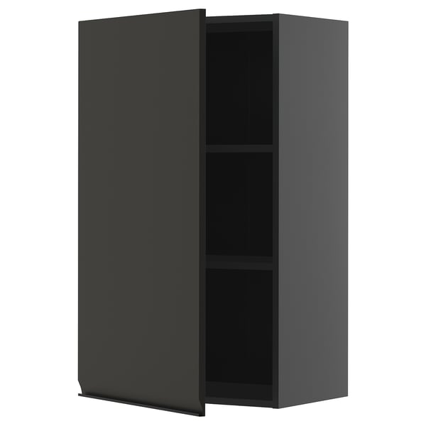 Dunkelgrauer moderner Küchenschrank mit zwei Regalen, Flügeltür, schlankem Design, Wandmontage.