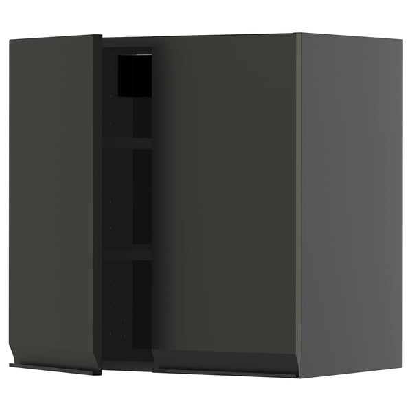 Ein grauer METOD Wand-Küchenschrank mit moderner schwarzer Front und verstellbarem Regal.