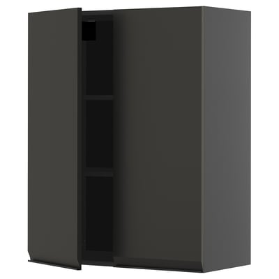 METOD schwarzer Wandschrank mit zwei Regalen, schlankem Design, integriertem Griff.