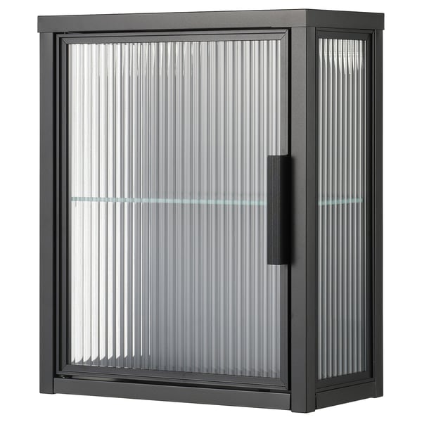 Der MOSSJÖN Wandschrank in Schwarz mit Milchglastür besticht durch ein schlankes, modernes Design mit magnetischem Türverschluss.