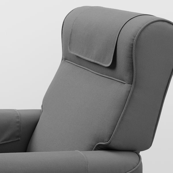 Grauer Relaxsessel mit gepolsterter Kopfstütze, mit robusten Nähten und hochwertigem Stoff.