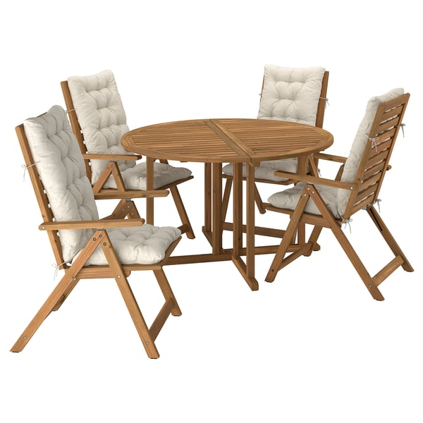 NÄMMARÖ Tisch+4 Hochlehner/außen, hellbraun lasiert/Kuddarna helles Graubeige, 130 cm
