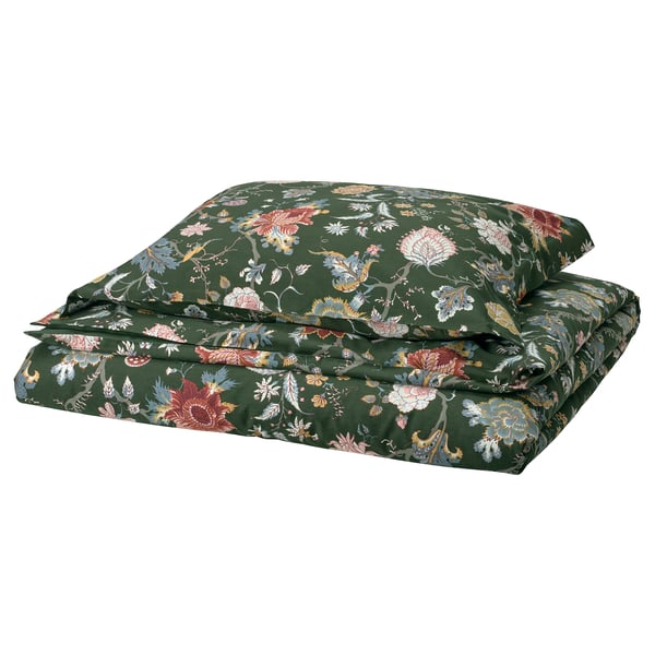 Bettbezug NÄSSELKLOCKA mit Blumenmuster in Grün, Baumwoll-Viskose-Mischung, rechteckig, Satin-Finish.