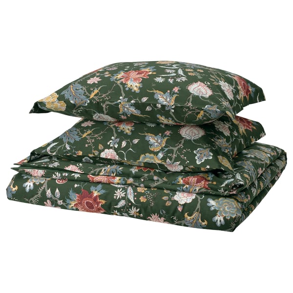 NÄSSELKLOCKA grünes Blumenbettwäsche-Set, dunkelgrün mit mehrfarbigen Blumen, rechteckige Form, Baumwoll-Viskose-Mischung.