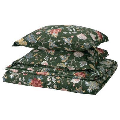 NÄSSELKLOCKA grünes Blumenbettwäsche-Set, dunkelgrün mit mehrfarbigen Blumen, rechteckige Form, Baumwoll-Viskose-Mischung.