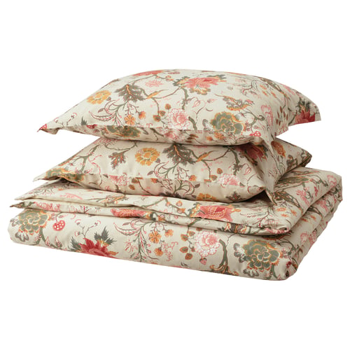 Blumenbettwäsche-Set, Beige, Rechteck, mehrfarbige Blumen, Baumwolle/Viskose.