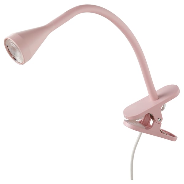 Rosafarbene, verstellbare Aufstecklampe mit flexiblem Hals und fokussiertem Licht. Energieeffiziente LED.