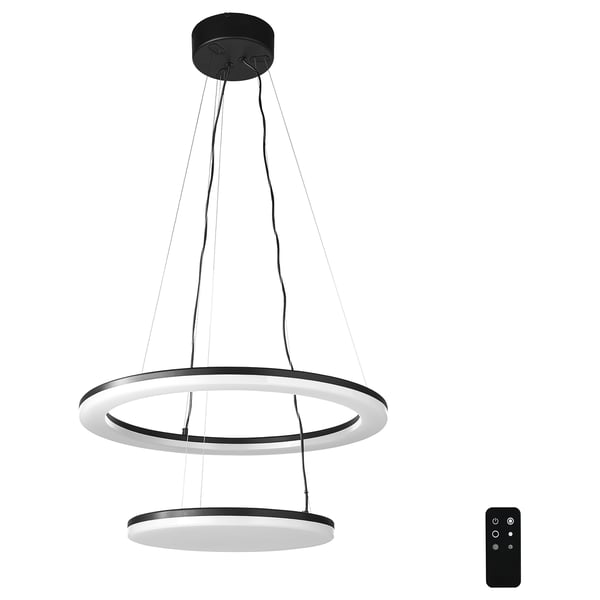 Moderne Dual-Ring-Pendelleuchte mit Fernbedienung. Schwarz-Weiß, verstellbar und energieeffizient.