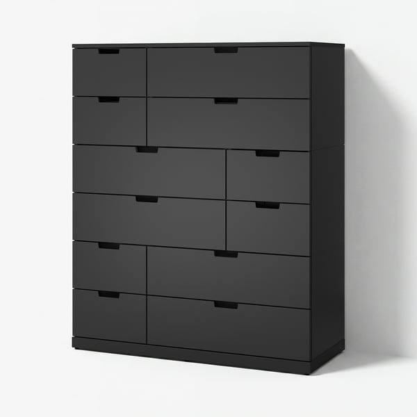 NORDLI-Truhe in Grau, modernes Design, mehrere Schubladen, flache Oberfläche.