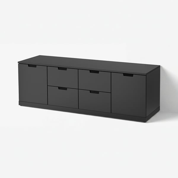 NORDLI: moderne schwarze Truhe mit sechs Schubladen, rechteckig, glatte Oberfläche.