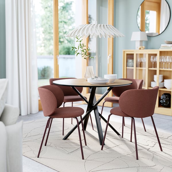 NORRMJÖLE / KRYLBO Tisch und 4 Stühle, Eichenachbildung schwarz/Tibbleby dunkelrot, 105 cm