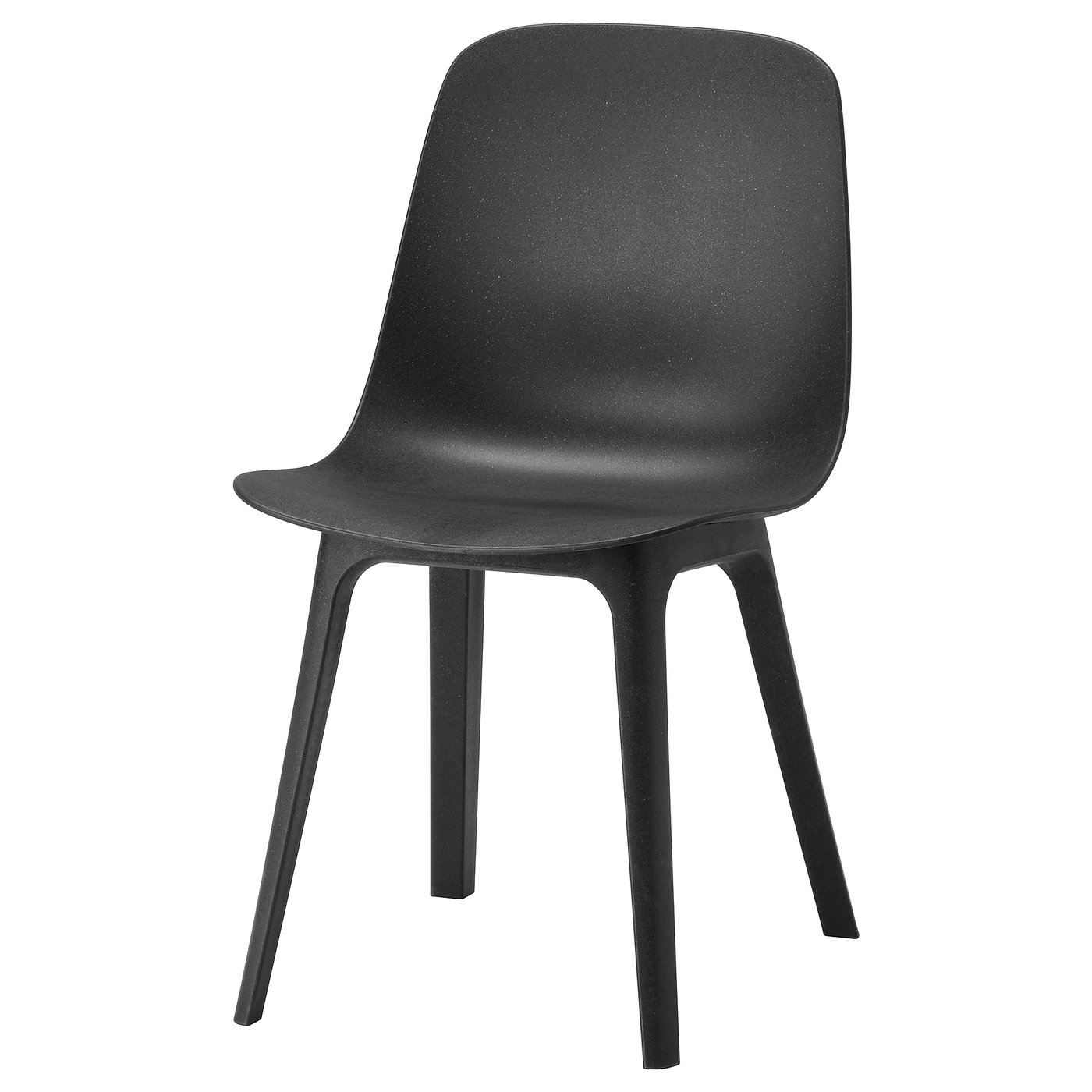 ODGER Stuhl, schwarz, geformte Kunststoffschale mit Holzfasern, 4 gespreizte Beine, schlichtes modernes Design.