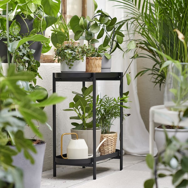 Schwarzer Metall-Pflanzenständer mit drei Regalen, in denen verschiedene grüne Topfpflanzen aufbewahrt werden. Moderne und funktionale Indoor-Gartendekoration.
