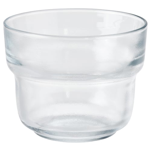 Klarglasbecher, OLIVTRAST, transparent, rund, schlichtes Design, stapelbar, gehärtetes Glas.
