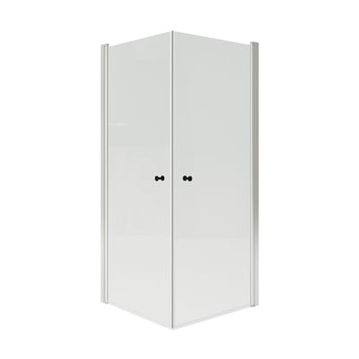 Eine OPPEJEN Duschkabine mit 2 Klarglastüren. Der Rahmen ist aus silbernem Aluminium, langlebig und widerstandsfähig.