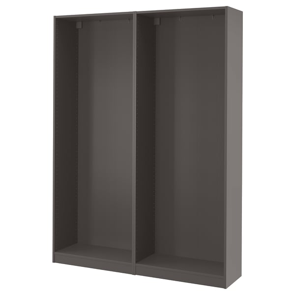 Ein grauer, offener PAX-Schrankrahmen mit rechteckiger Form und schlichtem Design, gefertigt aus Faser- und Spanplatten.