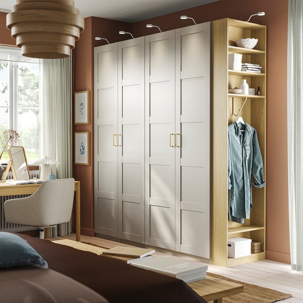 PAX / BERGSBO Schrankkombination, graubeige graubeige/Eichenachbildung, 220x60x236 cm