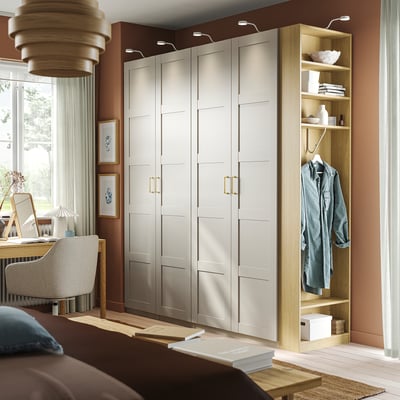 PAX / BERGSBO Schrankkombination, graubeige graubeige/Eichenachbildung, 220x60x236 cm