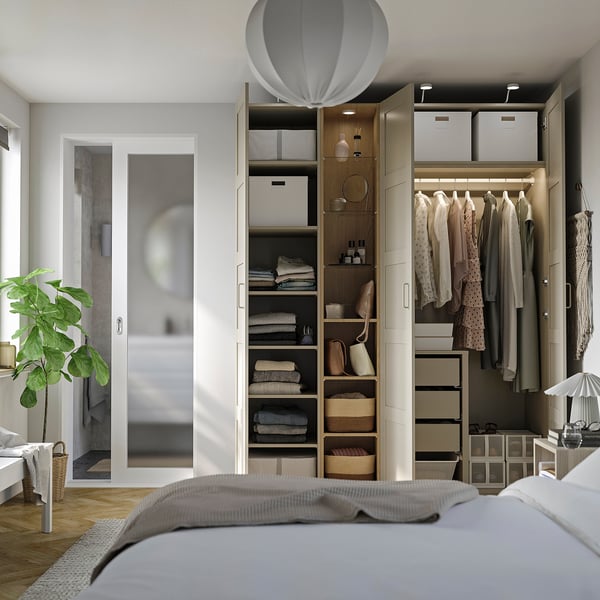 PAX / BERGSBO Schrankkombination, graubeige graubeige/Eichenachbildung, 185x60x236 cm