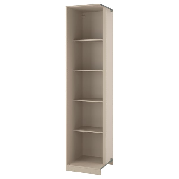Ein beiger Eckschrank von ikea PAX. Er hat vier Einlegeböden und besteht aus Spanplatten und Papierfolie. Das Gerät ist ein offenes Aufbewahrungsdesign.