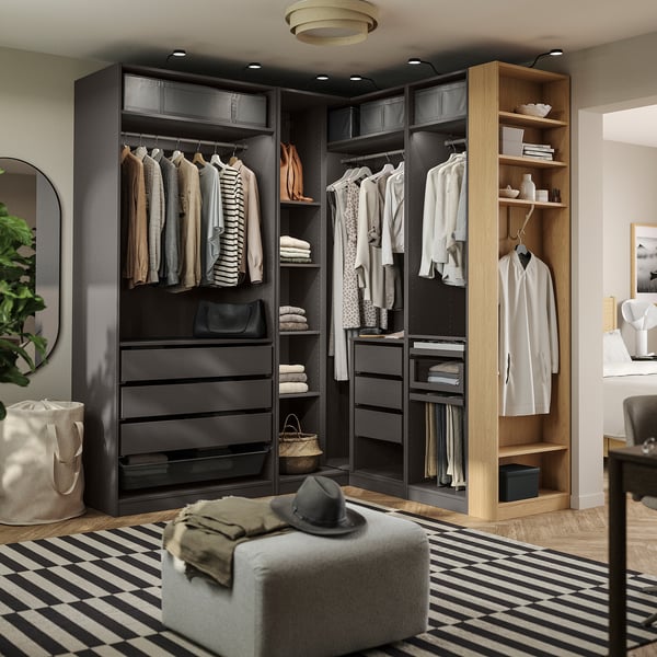 PAX Eckkleiderschrank, dunkelgrau dunkelgrau/Eichenachbildung, 210/180x236 cm